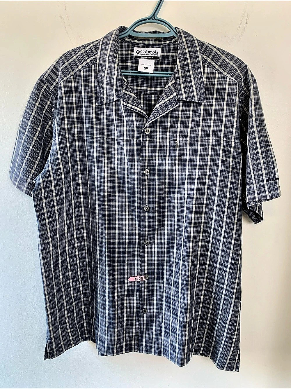 Columbia Men's Summer Plaid Short Sleeve Shirt, Front Zip Pocket, Like New